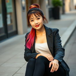 A beautiful Korean woman elegantly posing and attractively sitting facing the camera with a gentle smile