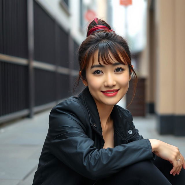 A beautiful Korean woman elegantly posing and attractively sitting facing the camera with a gentle smile