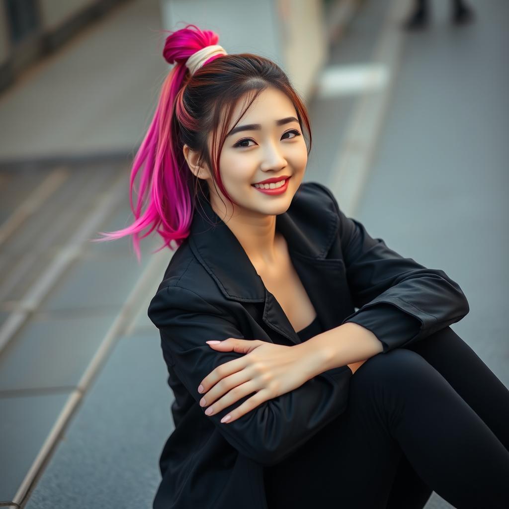 A beautiful Korean woman elegantly posing and attractively sitting facing the camera with a gentle smile