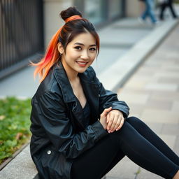 A beautiful Korean woman elegantly posing and attractively sitting facing the camera with a gentle smile