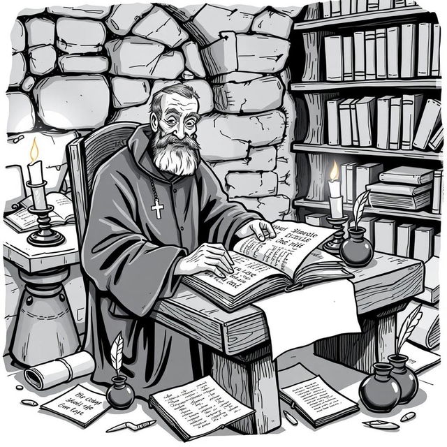 A black and white illustration depicting an old medieval priest seated at a wooden desk, carefully making a copy of a book