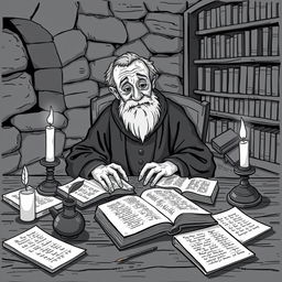 A black and white illustration depicting an old medieval priest seated at a wooden desk, carefully making a copy of a book