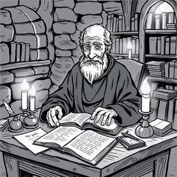 A black and white illustration depicting an old medieval priest seated at a wooden desk, carefully making a copy of a book