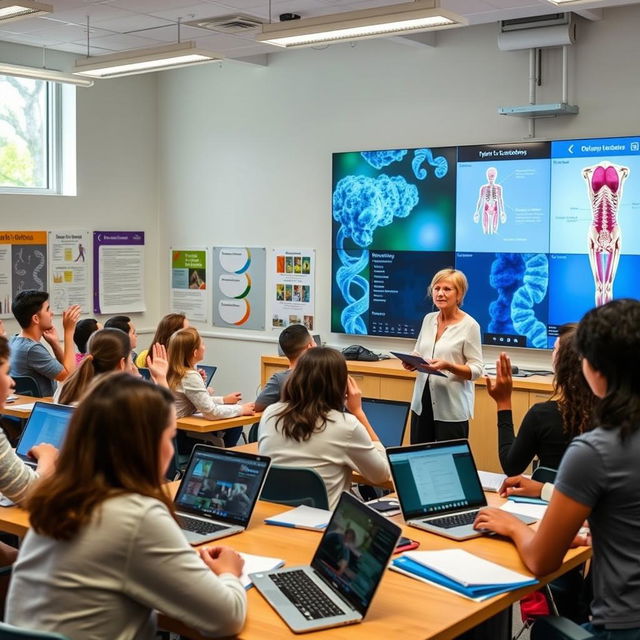 A hybrid lecture in a modern biology classroom, featuring a diverse group of students engaging with a hybrid learning environment