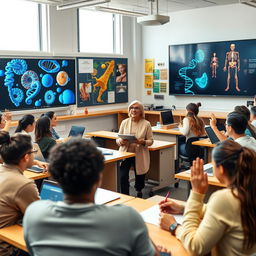 A hybrid lecture in a modern biology classroom, featuring a diverse group of students engaging with a hybrid learning environment