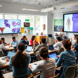 A hybrid lecture in a modern biology classroom, featuring a diverse group of students engaging with a hybrid learning environment