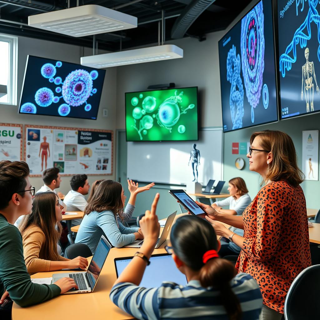 A hybrid lecture in a modern biology classroom, featuring a diverse group of students engaging with a hybrid learning environment