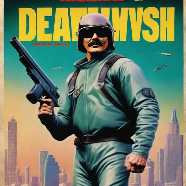 A high-quality digital art image, styled as a movie poster for 'Death Wish', featuring Charles Bronson in a retro spacesuit