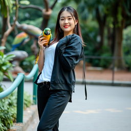 A beautiful Korean woman posing gracefully and attractively, standing facing the camera with a soft smile, while holding a parrot