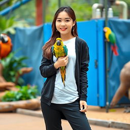 A beautiful Korean woman posing gracefully and attractively, standing facing the camera with a soft smile, while holding a parrot