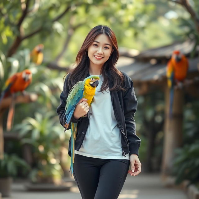 A beautiful Korean woman posing gracefully and attractively, standing facing the camera with a soft smile, while holding a parrot