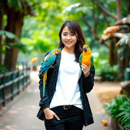 A beautiful Korean woman posing gracefully and attractively, standing facing the camera with a soft smile, while holding a parrot