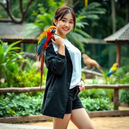 A beautiful Korean woman posing gracefully and attractively, standing facing the camera with a soft smile while holding a parrot
