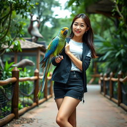 A beautiful Korean woman posing gracefully and attractively, standing facing the camera with a soft smile while holding a parrot