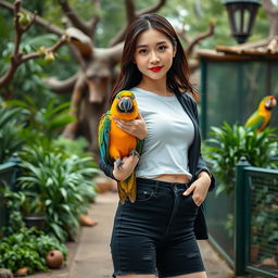 A beautiful Korean woman posing gracefully and attractively, standing facing the camera with a soft smile while holding a parrot