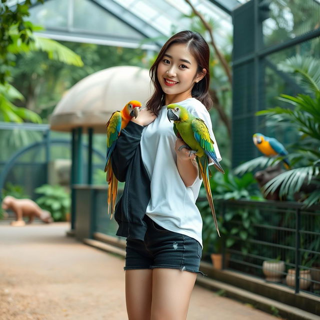 A beautiful Korean woman posing gracefully and attractively, standing facing the camera with a soft smile while holding a parrot