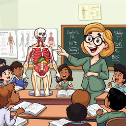 A cartoon illustration featuring a biology teacher enthusiastically teaching a class on human anatomy