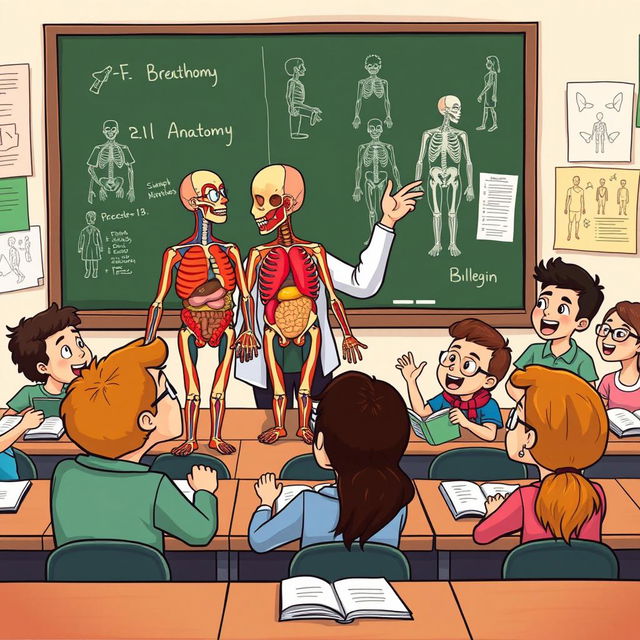 A cartoon illustration featuring a biology teacher enthusiastically teaching a class on human anatomy