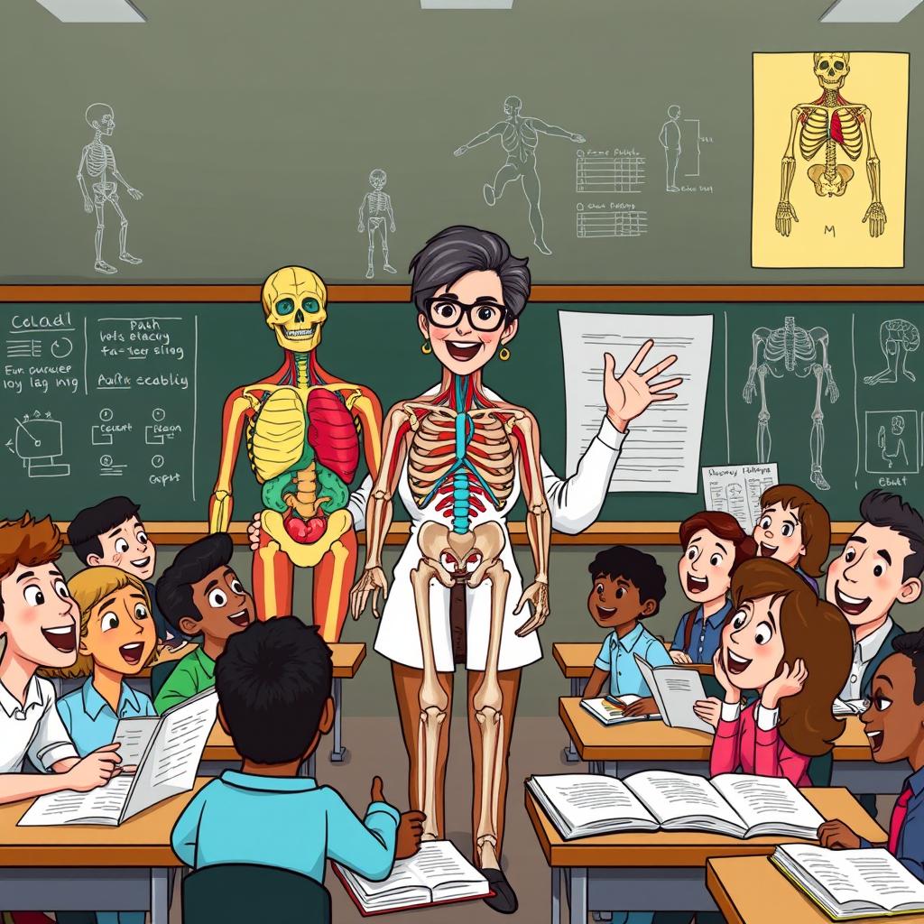 A cartoon illustration featuring a biology teacher enthusiastically teaching a class on human anatomy