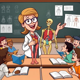 A cartoon illustration featuring a biology teacher enthusiastically teaching a class on human anatomy