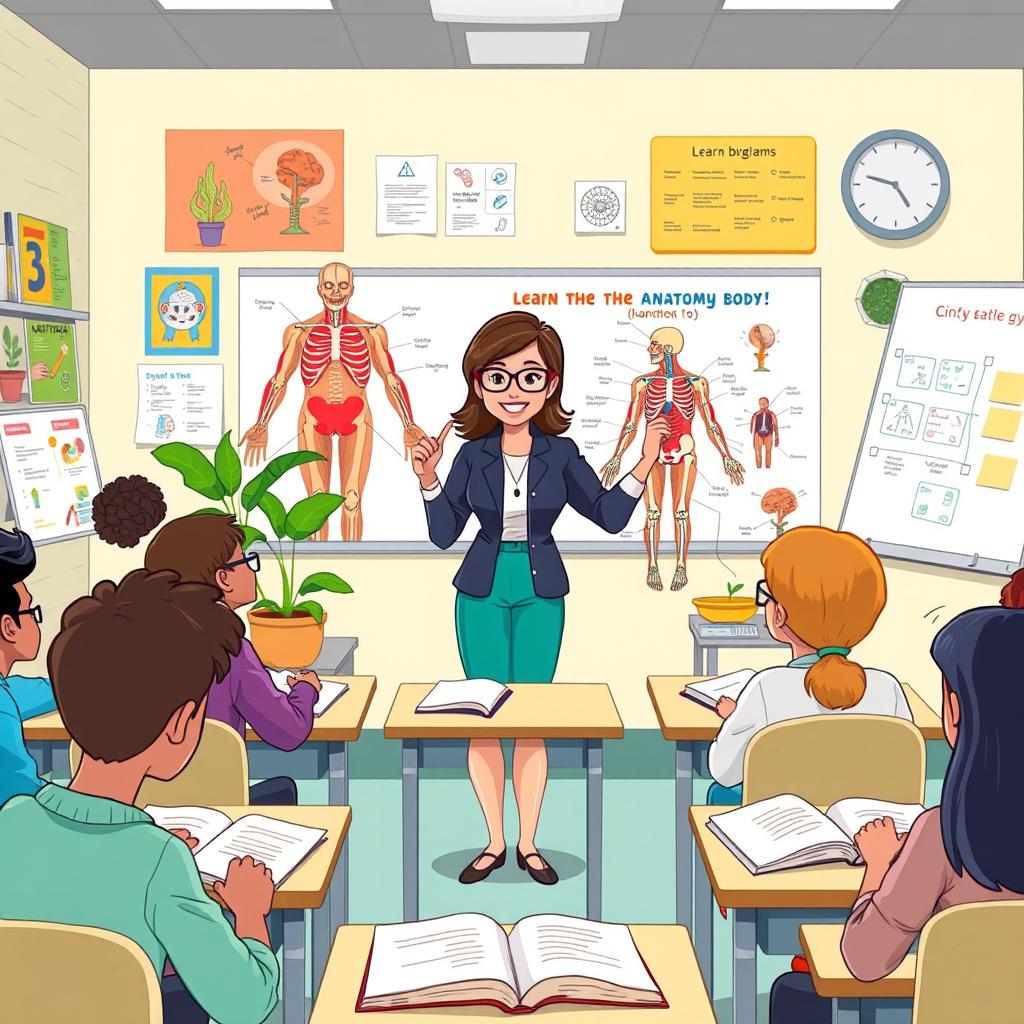 A cartoon-style illustration of a biology teacher passionately teaching an anatomy class in a bright, colorful classroom