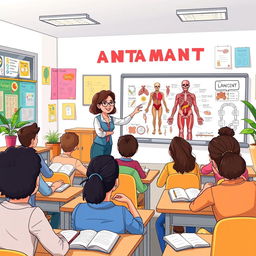 A cartoon-style illustration of a biology teacher passionately teaching an anatomy class in a bright, colorful classroom