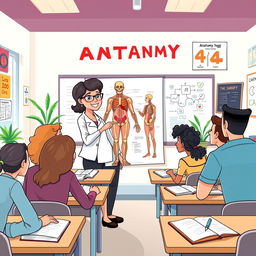 A cartoon-style illustration of a biology teacher passionately teaching an anatomy class in a bright, colorful classroom