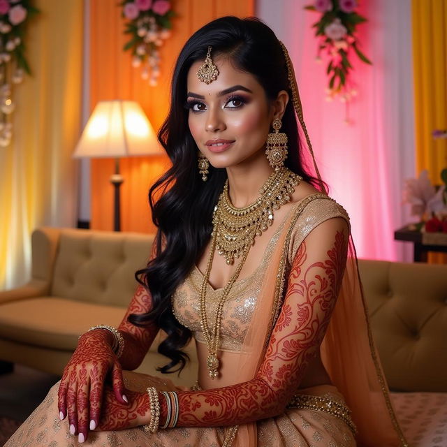 A stunning Indian bride adorned with intricate henna designs on her hands and feet, featuring elaborate bridal jewelry including ornate necklaces, earrings, and maang tikka