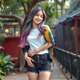 A beautiful Korean woman posing gracefully and attractively, exuding intimacy, with her hair colored in purple, blue, green, and pink