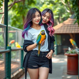 A beautiful Korean woman posing gracefully and attractively, exuding intimacy, with her hair colored in purple, blue, green, and pink