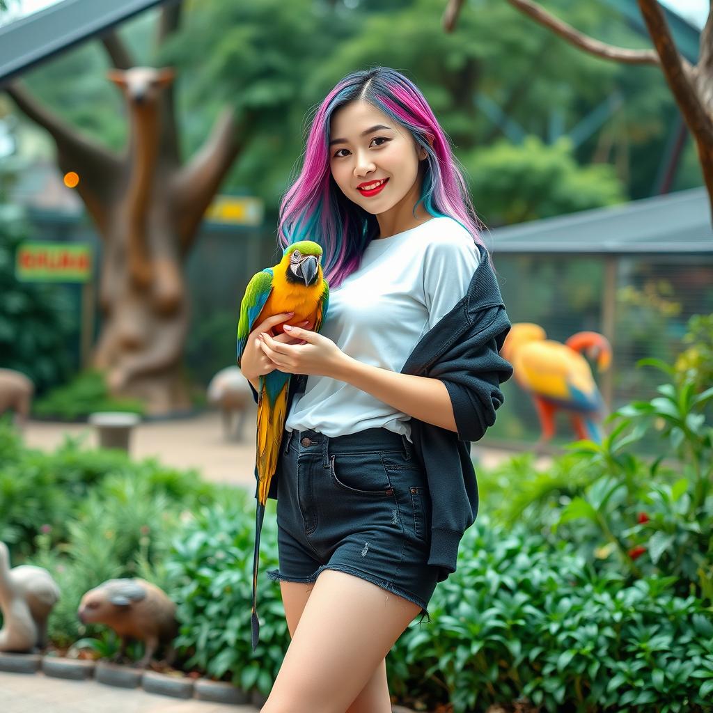 A beautiful Korean woman posing gracefully and attractively, exuding intimacy, with her hair colored in purple, blue, green, and pink