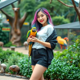 A beautiful Korean woman posing gracefully and attractively, exuding intimacy, with her hair colored in purple, blue, green, and pink