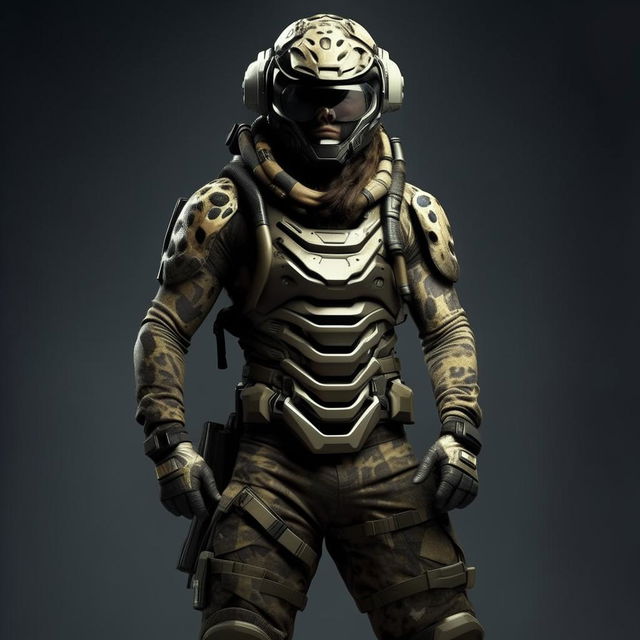 male in futuristic leopard-concept combat gear 