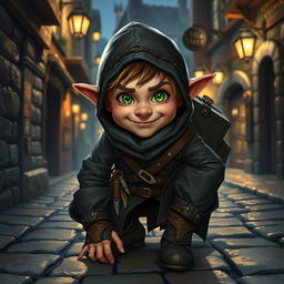 A mischievous halfling thief rogue in a fantasy setting, wearing a dark, weathered leather outfit accented with a hood and utility belts filled with daggers and lockpicks