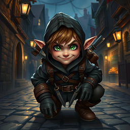 A mischievous halfling thief rogue in a fantasy setting, wearing a dark, weathered leather outfit accented with a hood and utility belts filled with daggers and lockpicks