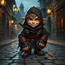 A mischievous halfling thief rogue in a fantasy setting, wearing a dark, weathered leather outfit accented with a hood and utility belts filled with daggers and lockpicks