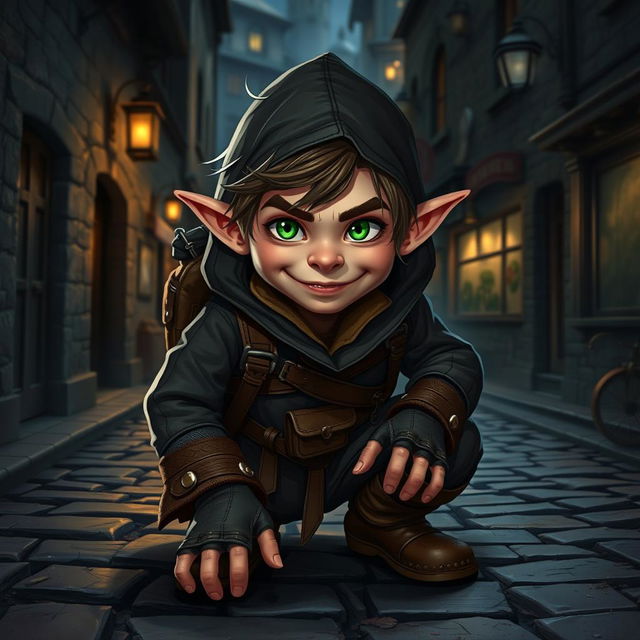 A mischievous halfling thief rogue in a fantasy setting, wearing a dark, weathered leather outfit accented with a hood and utility belts filled with daggers and lockpicks