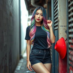 A beautiful Korean woman posing elegantly and attractively in the corner of a small, rundown alley
