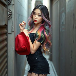 A beautiful Korean woman posing elegantly and attractively in the corner of a small, rundown alley