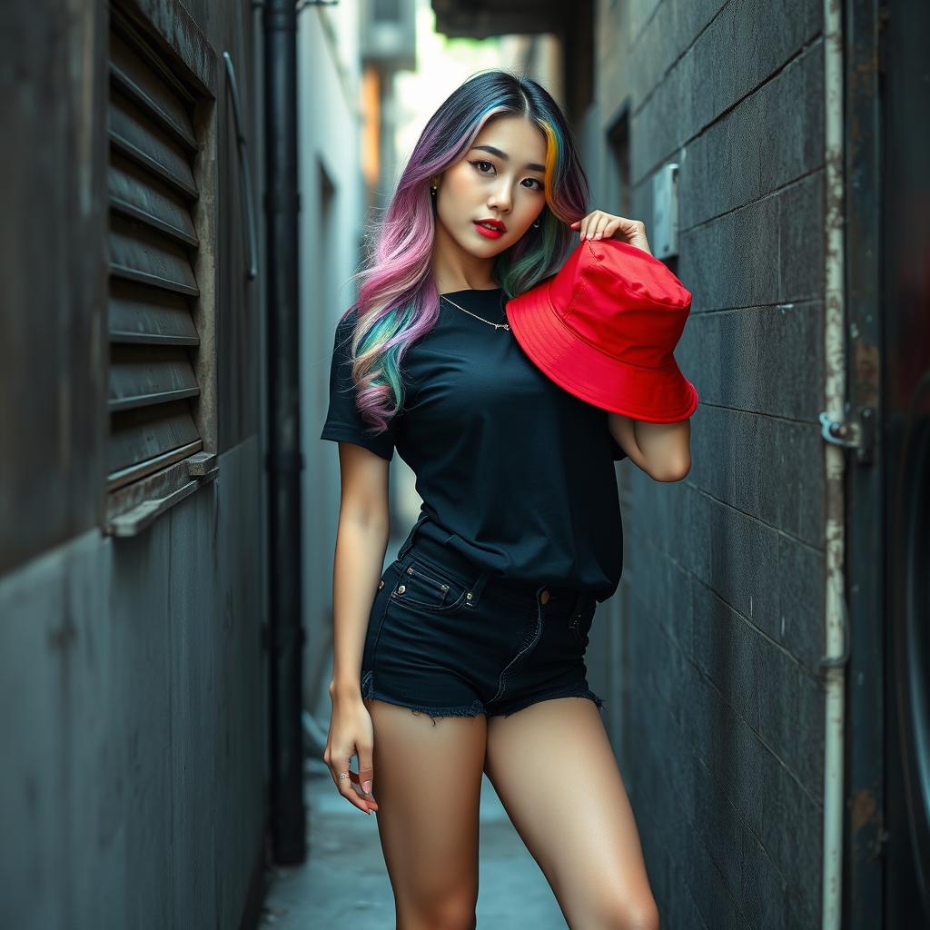 A beautiful Korean woman posing elegantly and attractively in the corner of a small, rundown alley