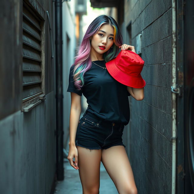 A beautiful Korean woman posing elegantly and attractively in the corner of a small, rundown alley