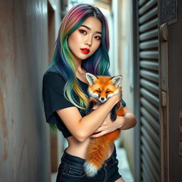 A beautiful Korean woman poses elegantly in a small, shabby alley