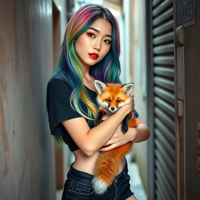 A beautiful Korean woman poses elegantly in a small, shabby alley