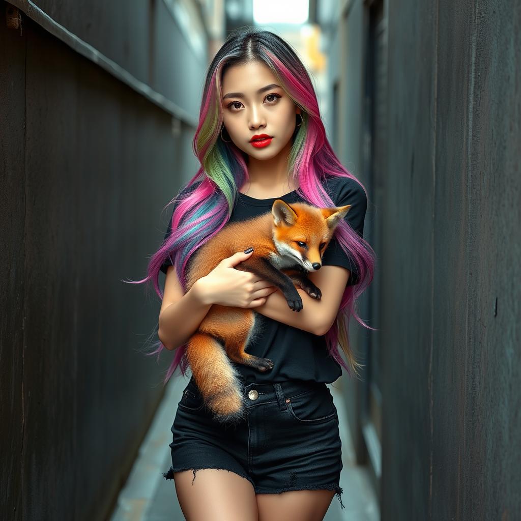 A beautiful Korean woman poses elegantly in a small, shabby alley