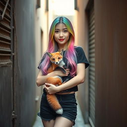 A beautiful Korean woman poses elegantly in a small, shabby alley