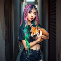 A beautiful Korean woman poses elegantly in a small, shabby alley