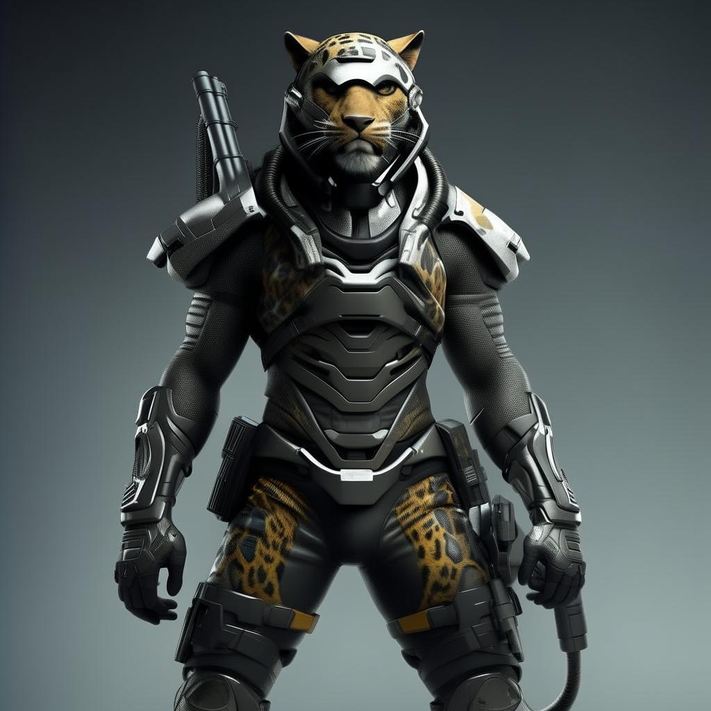 male in futuristic leopard-concept combat gear 