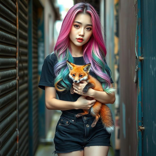 A beautiful Korean woman posing elegantly in a small, shabby alley