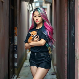 A beautiful Korean woman posing elegantly in a small, shabby alley