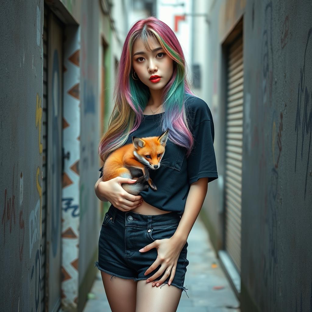 A beautiful Korean woman posing elegantly in a small, shabby alley